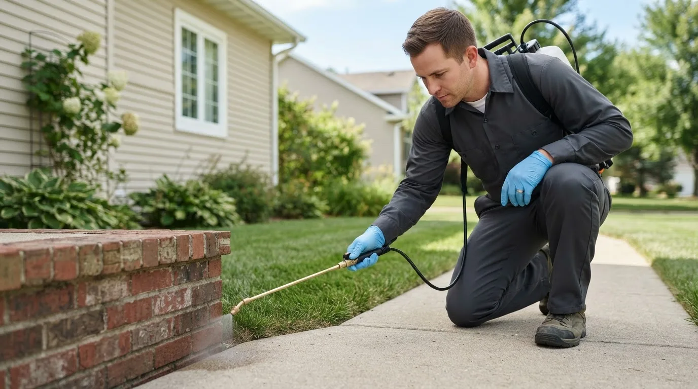 Pest control technician treating a home near Idledale, CO